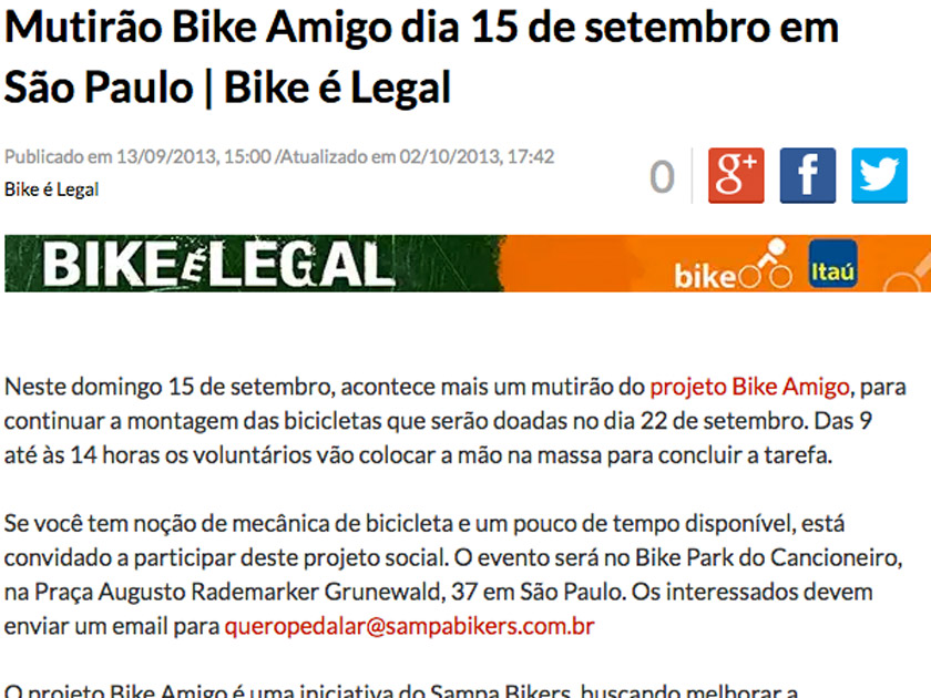 Mutirão Bike Amigo dia 15 de setembro em São Paulo | Bike é Legal